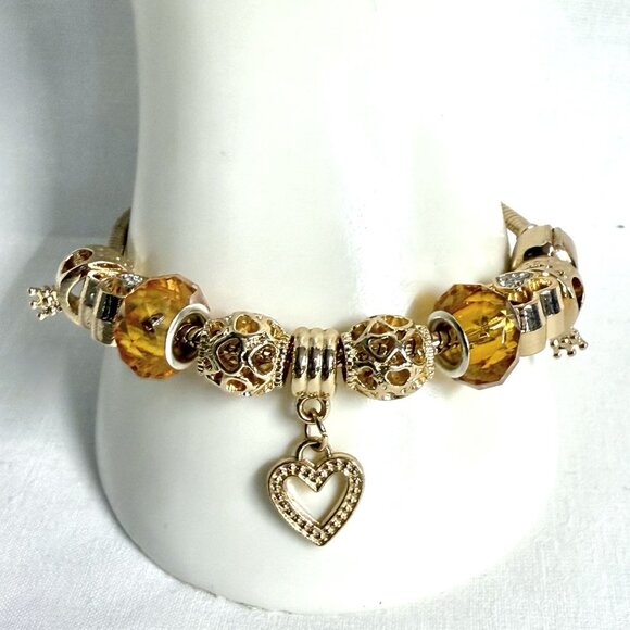 Gold-Tone Slide Charm Bracelet with Amber Crystal & Heart Charms - Picture 1 of 8